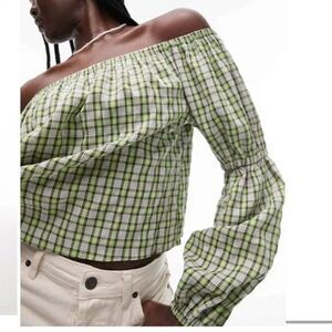 Topshop Green Plaid Off Shoulder Puff Sleeve Blouse Size US 4